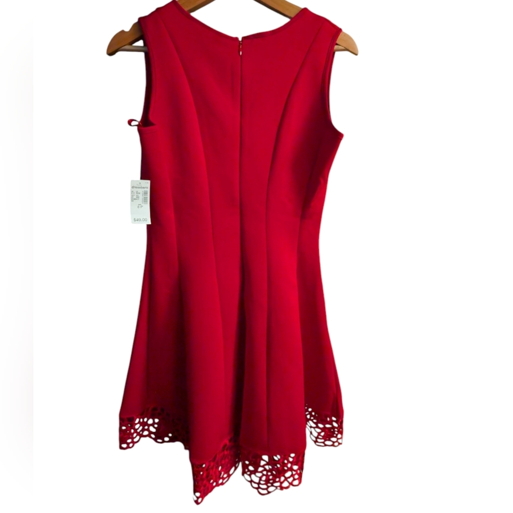 NEW Roz & Ali DRESSBARN red stretchy flare cocktail dress lace cutout 8 Petite - Picture 7 of 7